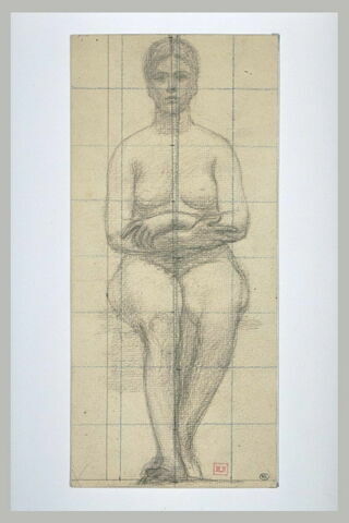 Femme nue assise, vue de face, les bras croisés