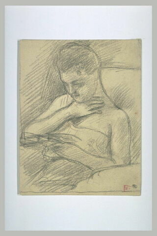 Jeune femme assise, vue en buste de trois quarts à gauche, lisant