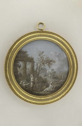 Paysage en grisaille avec figures et ruines antiques