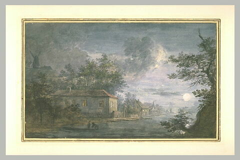 Maisons au bord d'une rivière avec effet de lune