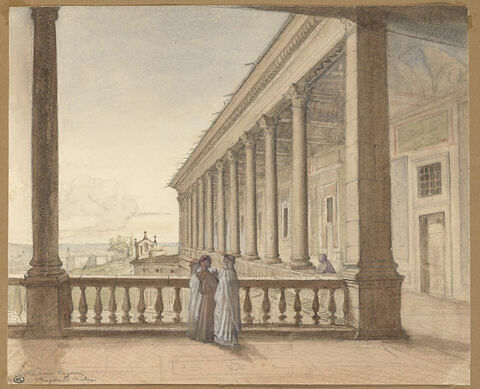 Vue d'une colonnade s'ouvrant sur un paysage