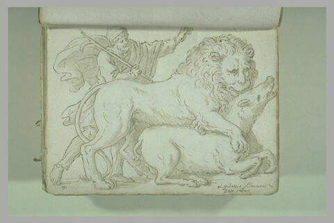 Un lion attaquant un sanglier, un homme avec un bâton sur l'épaule droite..., image 2/2