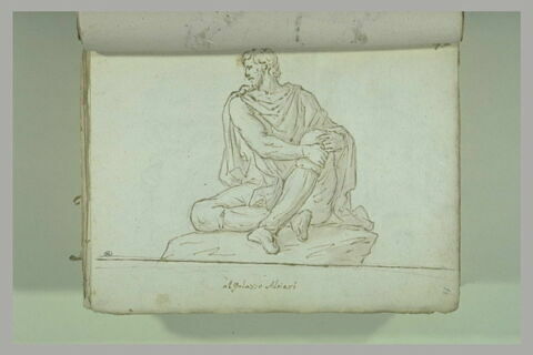 Homme assis, vue de face, jambe repliée, ses mains enserrant son genou..., image 2/2