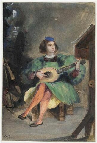 Jeune guitariste en costume italien de la renaissance