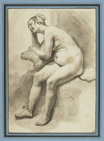 Femme nue, assise, accoudée sur un coussin, riant