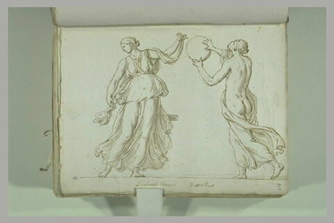 Femme dansant et une autre, vue de dos nu, jouant du tambour, image 2/2