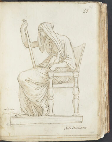 Femme assise dans un fauteuil, drapée et voilée, vue de profil... ; Héra