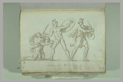 Deux hommes combattant, casqués, armés d'une épée et d'un bouclier,...