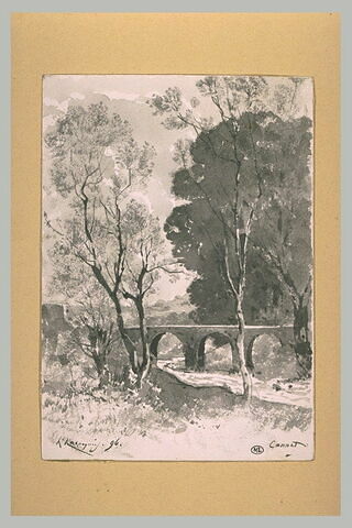 Prairies, plantée d'arbres, jointes par un pont sur un ruisseau