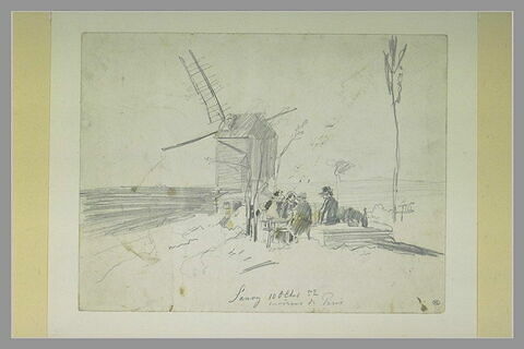 Personnages attablés en plein air, près du moulin de Sannois