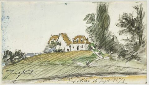 Paysage avec maisons au sommet d'un monticule