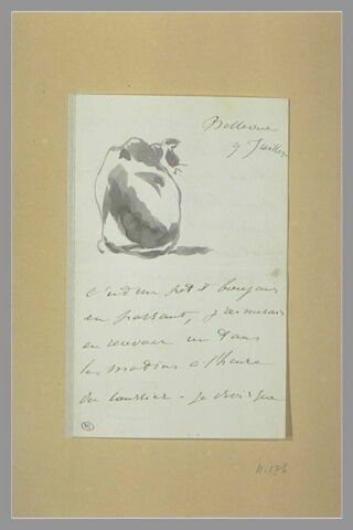 Chat assis, vu de dos, décorant une lettre à Isabelle Lemonnier, image 1/1