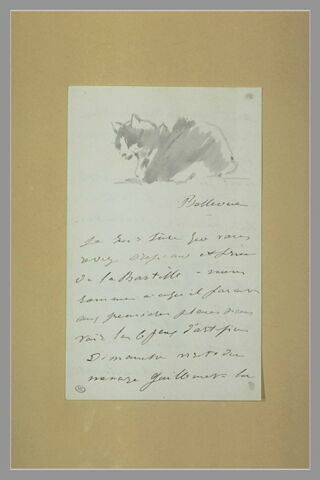 Chat couché, tourné vers la gauche, décorant une lettre à Isabelle Lemonnier, image 1/1