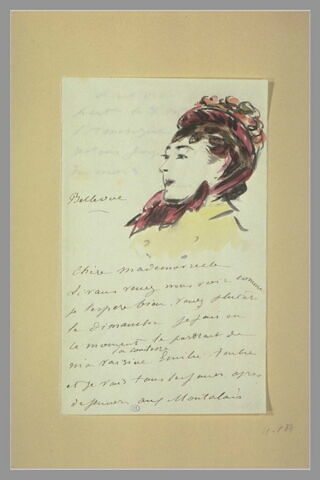 Tête de femme décorant une lettre à Isabelle Lemonnier