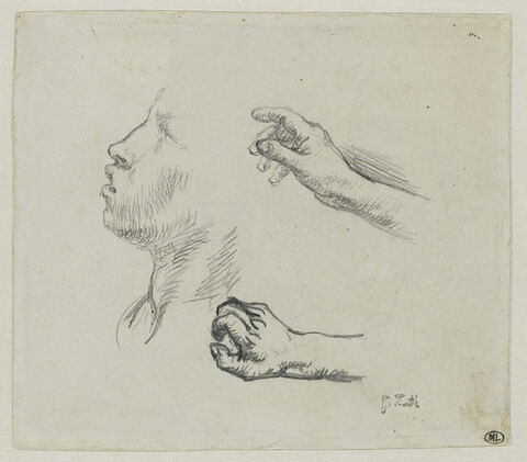 Visage de profil, et deux mains