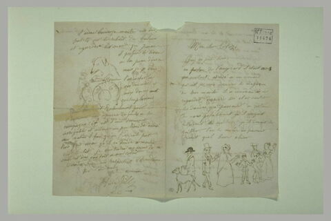 Lettre d'Henri Pille, adressée à Cortazo, illustrée de petits croquis