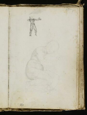 Croquis d'homme nu, bras tendus à l'horizontale et esquisse d'une femme nue, assise, tournée vers la droite