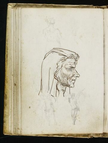 Tête de vieille femme italienne coiffée d'un voile, de profil vers la droite ;  croquis d'une femme vêtue, de dos (en haut) ; deux études de génie ailé, dont un enlaçant une femme assise (en bas)