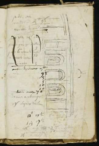 Croquis d'une façade avec trois ouvertures cintrées (un portail encadré par deux niches avec deux statues?) et liste de comptes