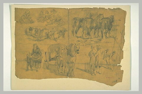 Feuille de croquis avec des paysans et des chevaux