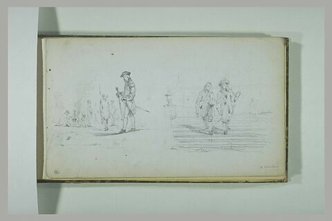 Bivouac de soldats de l'époque Louis XV ; deux hommes en costume Louis XIV