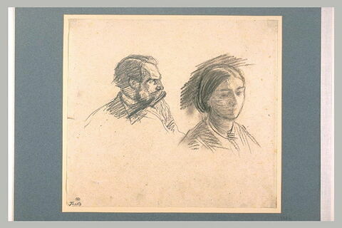 Profil d'homme barbu, et buste de femme, de trois quarts