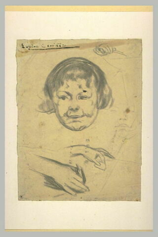 Tête d'enfant,  de face ; croquis de trois mains