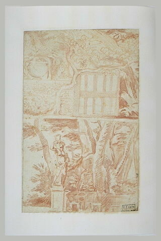 Mur de jardin avec vase et statue ; statue de femme devant des arbres, image 2/2