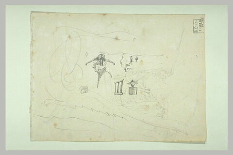 Croquis : homme en buste ; scie ; billot, et croquisde paysage