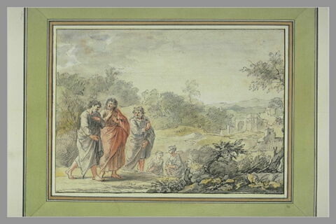 Trois personnages vêtus, à l'antique, conversant, dans un paysage