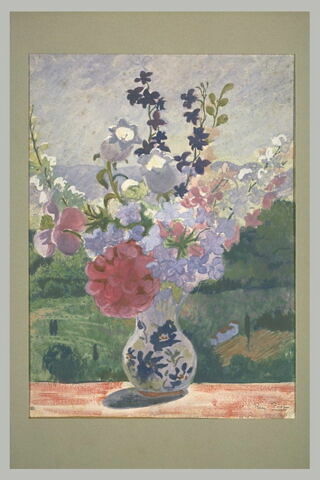 Vase de fleurs sur le rebord d'une ouverture laissant voir un paysage en...