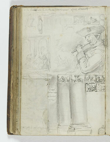 Croquis de tableaux, de bas-reliefs ; croquis d'homme jouant de la flûte