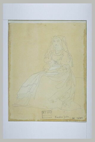 Paysanne italienne assise, les mains jointes sur le ventre, la tête de face, image 2/2