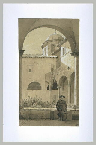 Religieux assis dans un intérieur de cloître