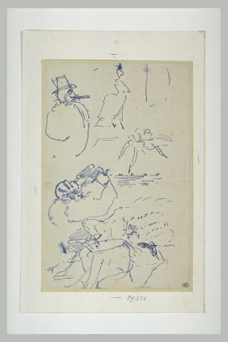 Croquis : homme coiffé d'un chapeau, silhouette de femme, et deux danseuses, image 2/2