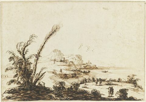 Paysage avec des figures sur le rivage et sur les barques