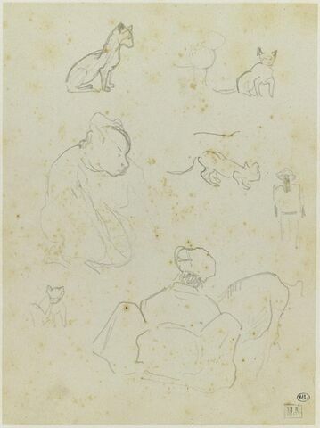 Croquis de trois figures et de chats