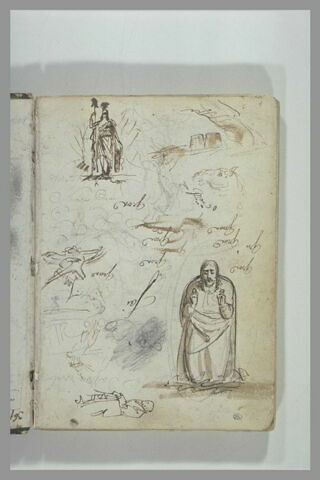 Feuille d'études avec 'L'Allégorie de la République' ; une tête de cheval ;'Le Rapt de Ganymède' ; un homme agenouillé, vu de face, priant ; une esquisse d'homme en redingote, de profil ; d'autres esquisses moins lisibles, des annotations et plusieurs essais de plume, image 2/2