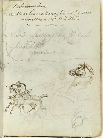 Etudes de chevaux dont certains traînant des chars et esquisse d'une figure ; plusieurs annotations