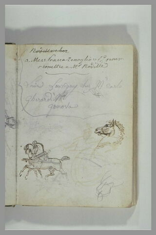 Etudes de chevaux dont certains traînant des chars et esquisse d'une figure ; plusieurs annotations, image 2/2