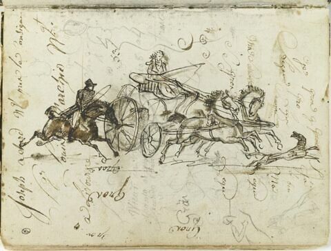 Voiture tirée par deux chevaux suivie par un cavalier et précédée par un chien ; deux esquisses d'une figure ; croquis de palmettes ; profils de têtes caricaturales ; plusieurs annotations et essais de plume