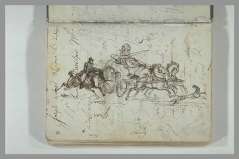 Voiture tirée par deux chevaux suivie par un cavalier et précédée par un chien ; deux esquisses d'une figure ; croquis de palmettes ; profils de têtes caricaturales ; plusieurs annotations et essais de plume, image 2/2