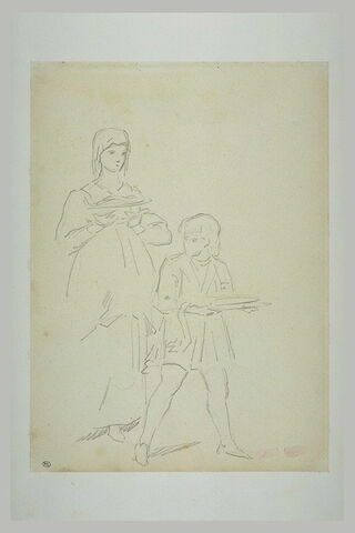 Femme et jeune garçon portant des plats