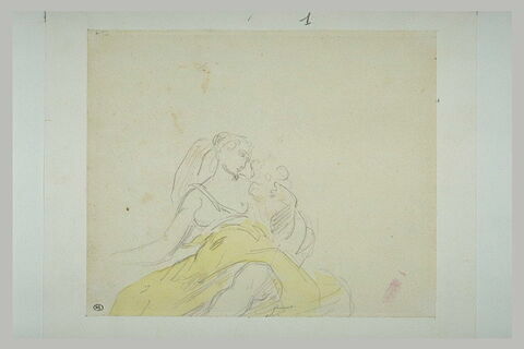 Femme assise, vêtue d'une jupe jaune