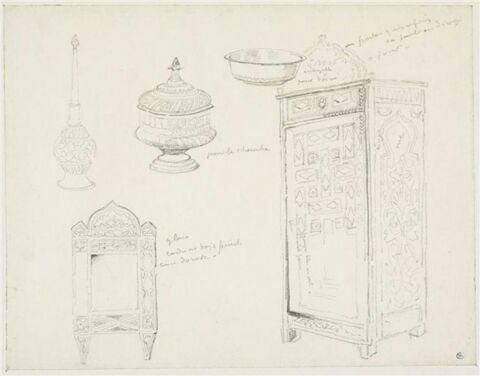 Etude d'objets : bouteille, récipient à couvercle, bassin, miroir et armoire