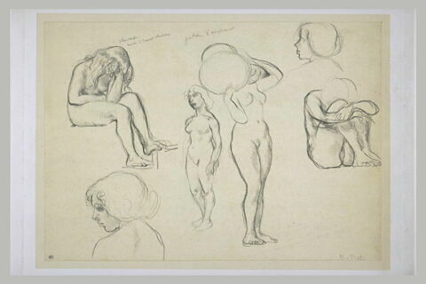 Feuille comportant six croquis de femmes ; à gauche femme nue, assise...