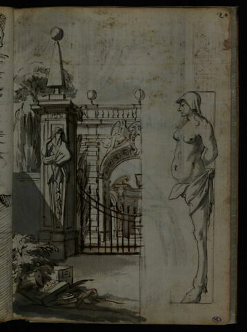 Partie gauche d'un portail avec cariatide, arc de triomphe avec armes sculptées et fontaine dans un parc, image 2/2