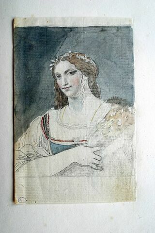 Portrait de femme en buste, de face, la tête ceinte s'une couronne de myrte, retenant de sa main droite le pan d'une fourrure, image 2/2