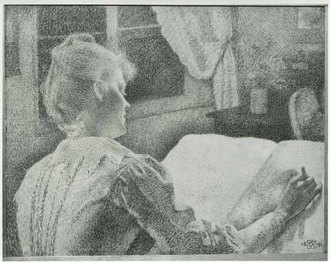 Jeune femme près d'une fenêtre, dessinant