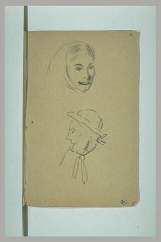 Tête de femme coiffée d'un foulard ; tête coiffée d'un chapeau, de profil